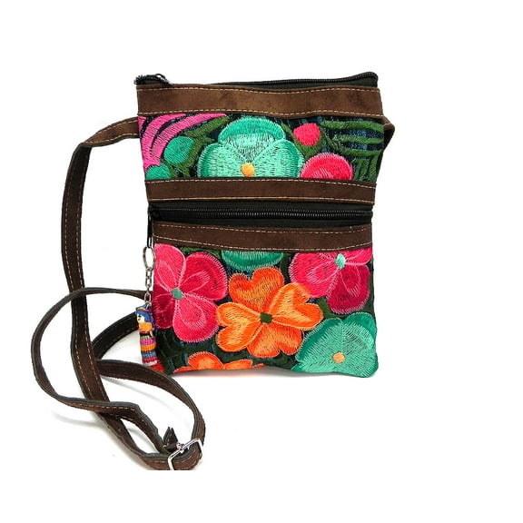Multicolored Floral Embroidered Brown Vegan Leather Suede Slim Purse Crossbody Bag - Womens Fashion Handmade Boho Accessories