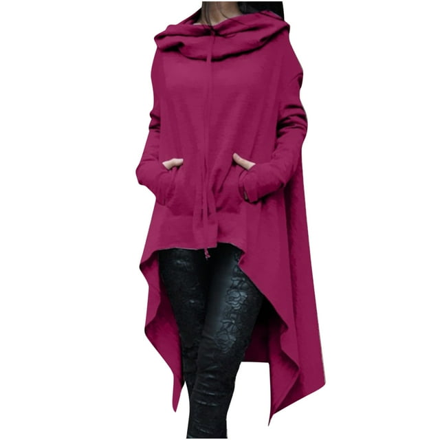Wolfast Chandails à Capuche Longs pour Femmes, Ourlet Haut-Bas, Manches Longues, Chandail-Over, Robe, Cape, Tunique, Hauts, Rose Vif, G