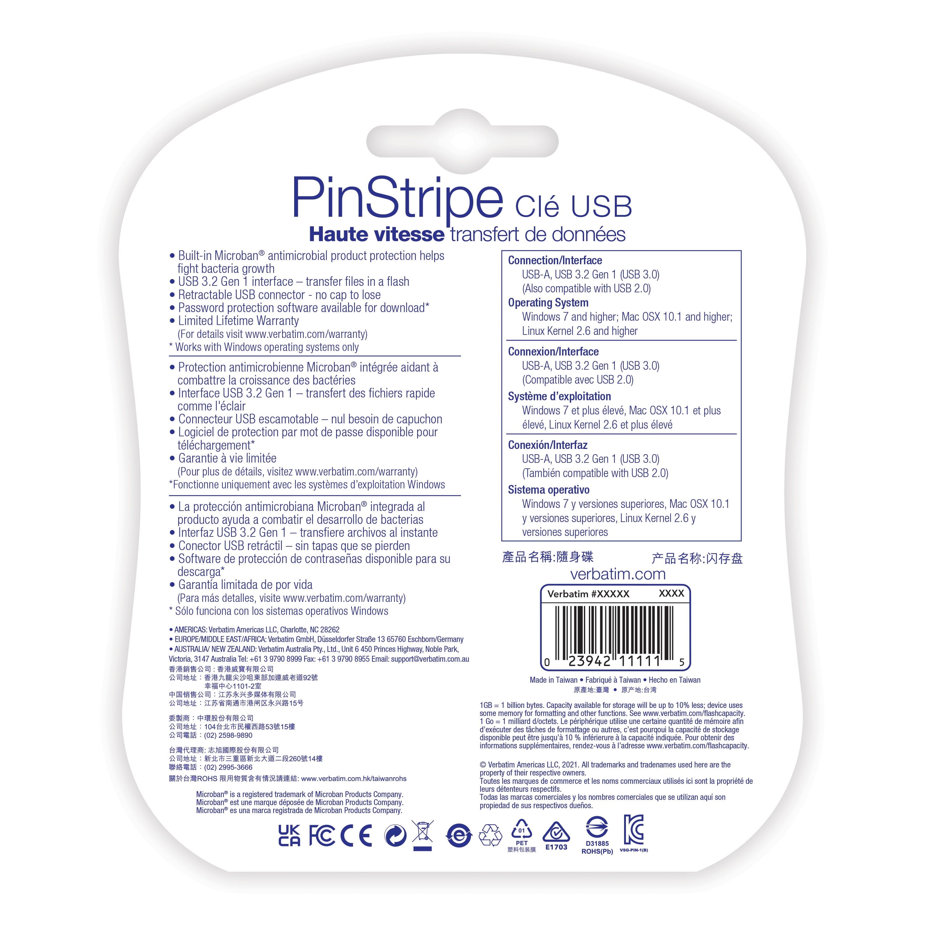 Verbatim 32GB PinStripe USB 3.2 Gen 1 Flash Drive – 5pk – Assorted