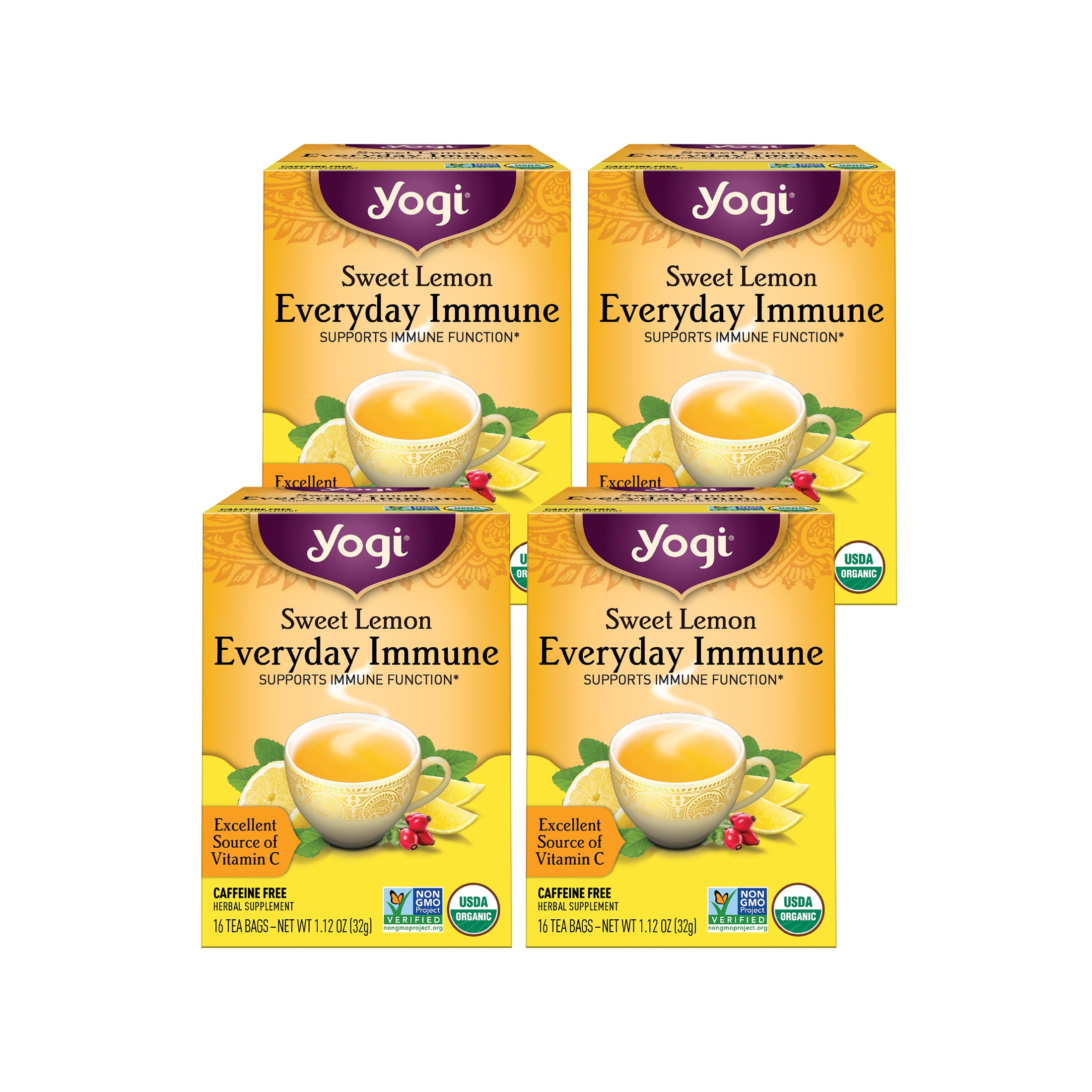 Yogi Tea Sweet Lemon Everyday Immune, Herbal Tea, Wellness Tea Bags, 4 Boxes of 16