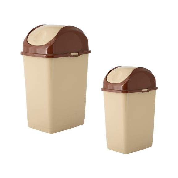 Superio Mini 1.25 Gallon and Small 2.5 Gallon Plastic Trash Cans with Swing Top Lid, Grey Waste Bin for Countertop, Desk, Vanity, Bathroom, 2 Pack (Beige/Brown)
