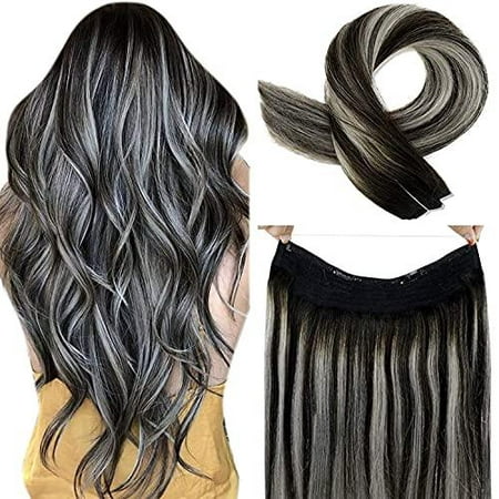 LaaVoo Short Halo Hair Extensions Human Hair 12 Inch Off Black with Gray  Silver Ombre Halo Couture Hair Extensions Black Ombre Halo Hairpiece with  Secret Wire Silky Straight for Women 80g |