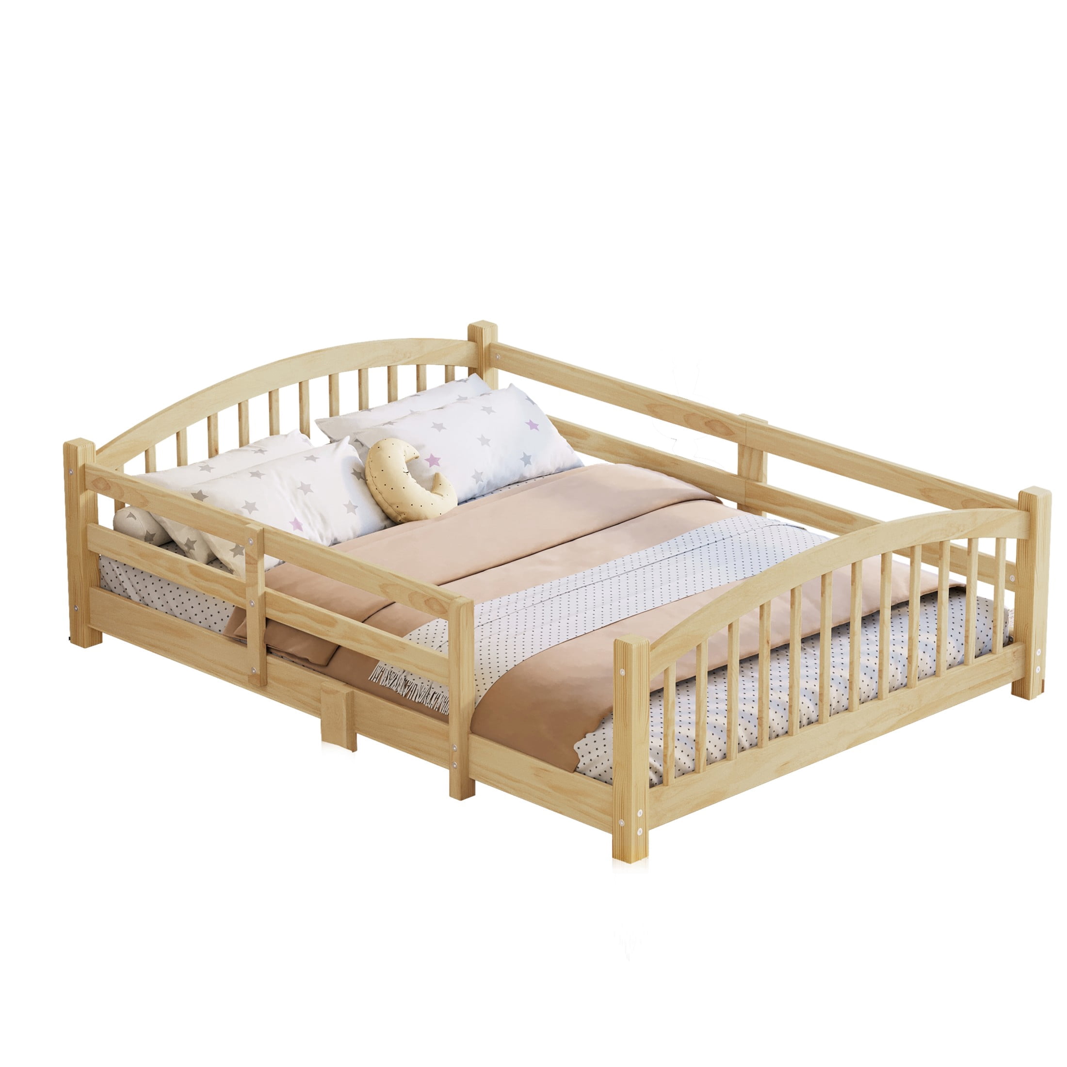 Noble House Full Floor Bed with Slats, Safety Guardrails, Solid Wood Frame, Natural
