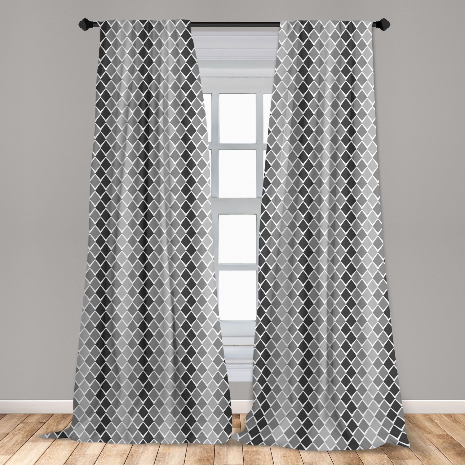 Grey and White Curtains 2 Panels Set, Uneven Geometrical Shapes with
