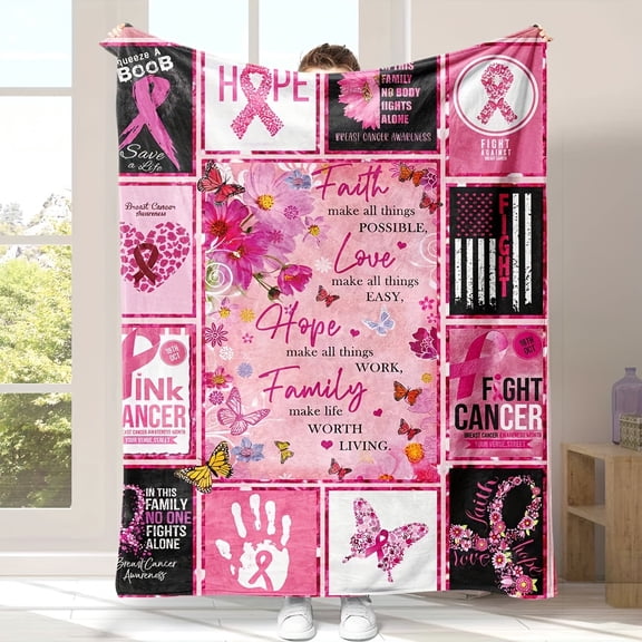 Breast Cancer Awareness Flannel Blanket - Soft, Comfortable, All-Season Throw with Inspirational Messages, Pink Ribbon & Butterfly Design for Couch, Bed, Travel, Office - Perfect Gift for Birthdays,