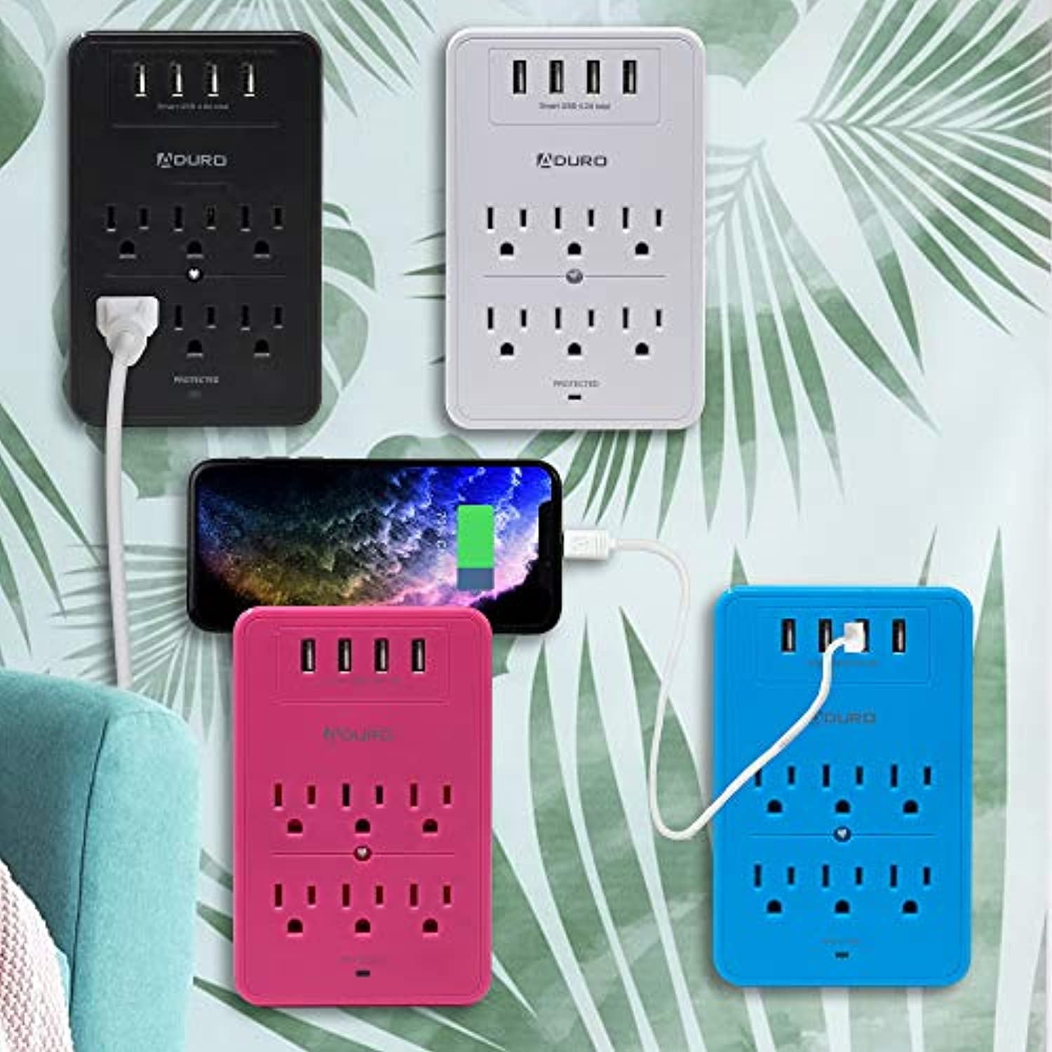 Aduro Surge Protector 6 Outlets Power Strip Station with USB (4 Ports 4.8A) Wall Mount Multiple Outlet Splitter Extender Adapter with Phone Shelf Stand ETL Listed Black
