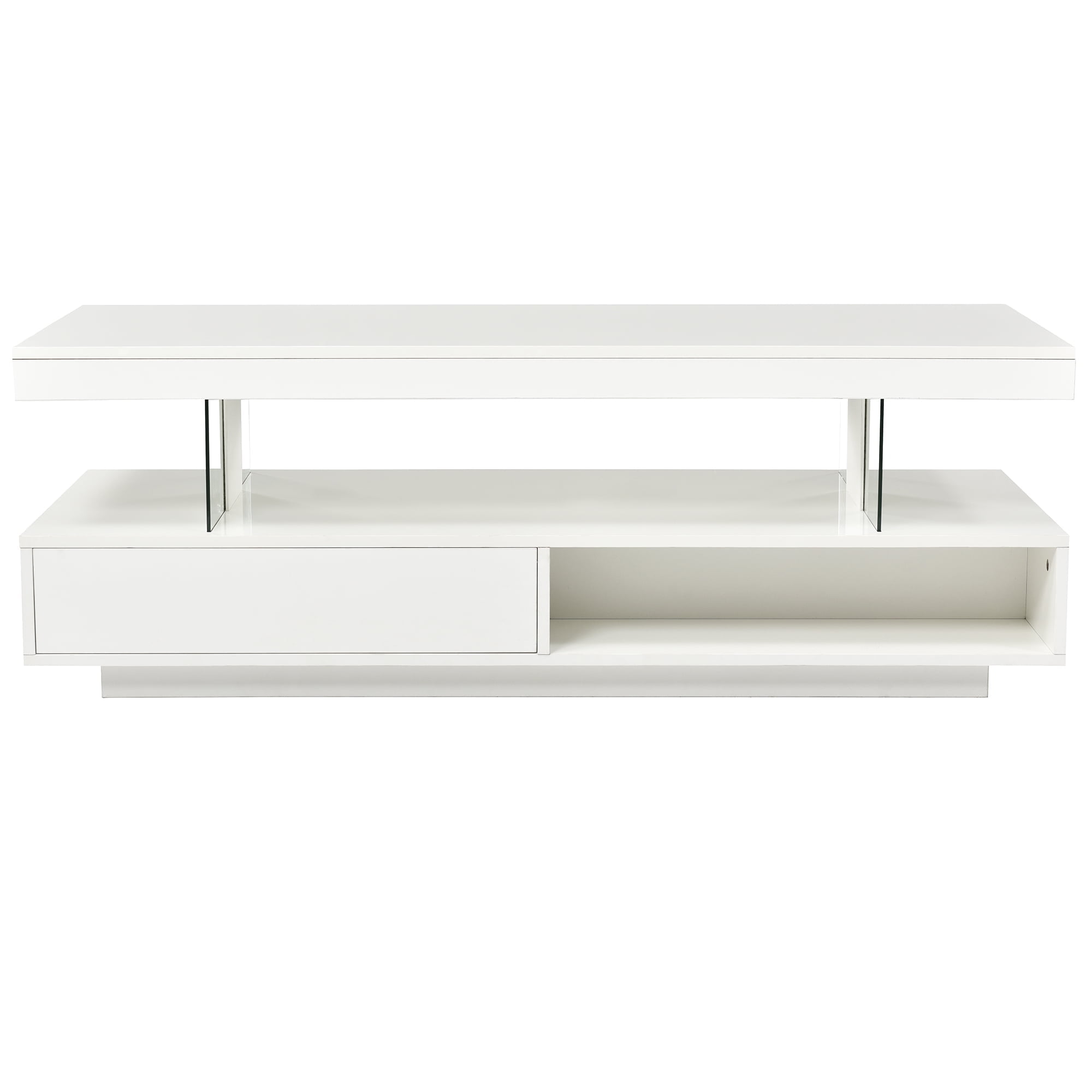 Euroco LED Coffee Table with Storage and Display Shelves, Modern Black Center Table with 2 Drawers and 16-Color LED Lights for Living Room