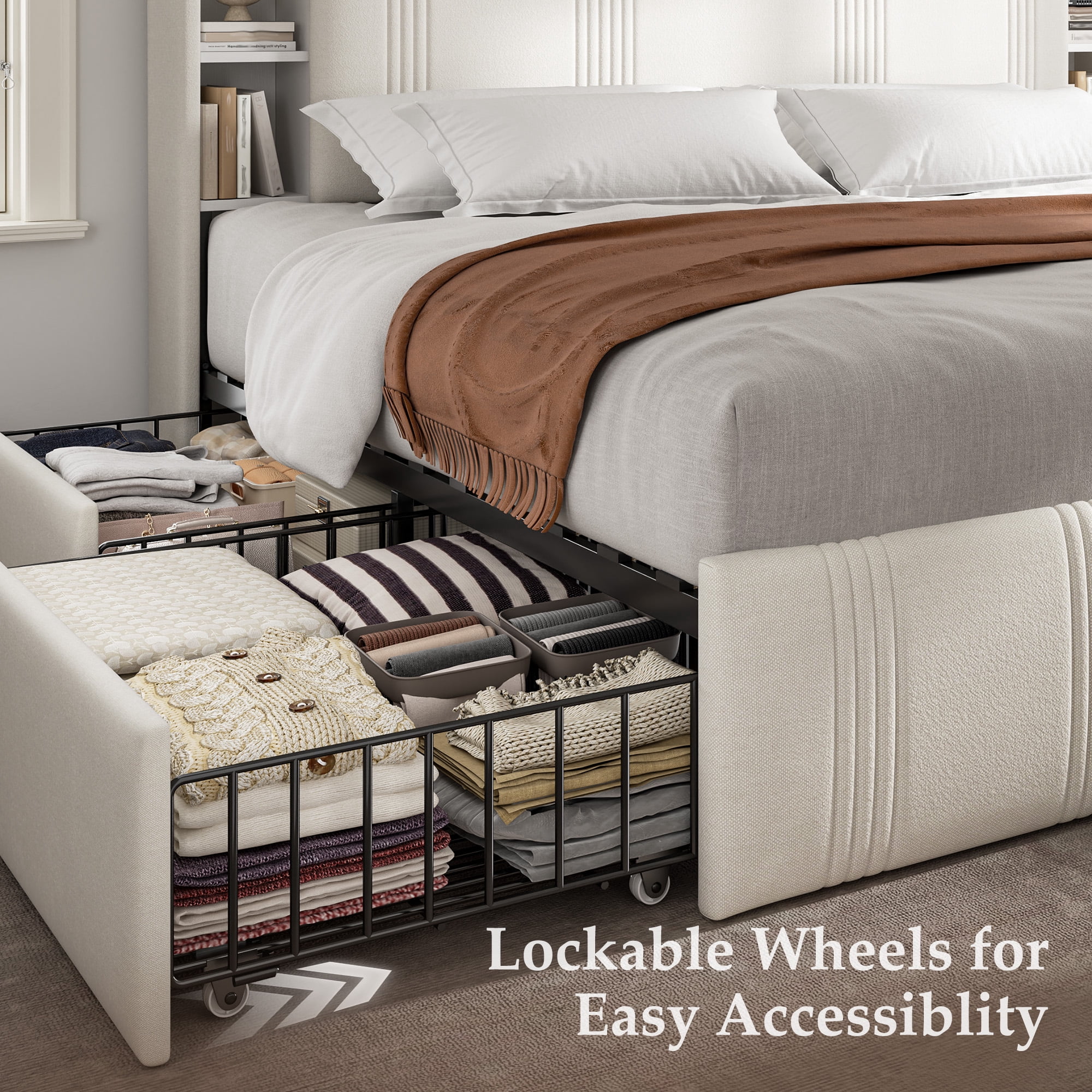 EnHomee Queen Size Bed Frame with 4 Drawers & 3-Tier Storage Shelf Upholstered Bed Frame Queen with Headboard Bed Frame Queen with LED Lights & Charge Station, No Box Spring Needed, No-Noise, Beige