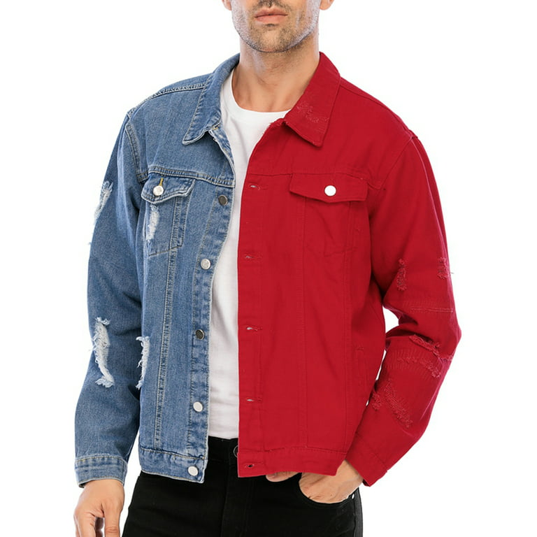 Lzler Men's Ripped Color Block Jean Jacket