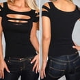 thumbnail image 1 of Camiseta elástica de vendaje caliente para mujer, Tops de noche de fiesta ajustados deshilachados, negro L Tmvgtek Para estrenar, 1 of 4