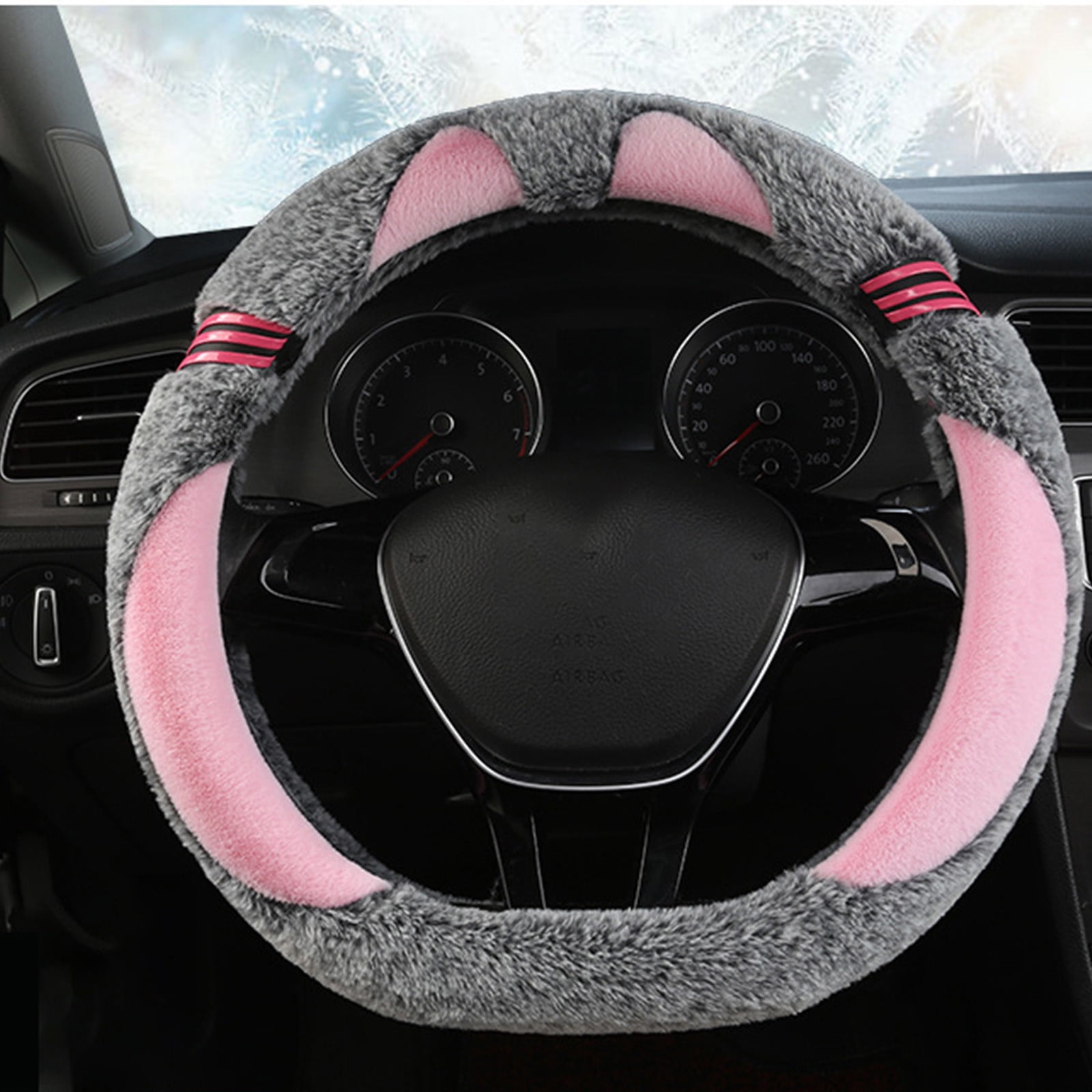 Kbndieu Car Steering Wheel Cover Women Man, Fluffy Plush for Winter Warm, Fuzzy Steering Wheel Protector, Universal 14-15 Inch, Soft & Non-Slip, Lovely Decor Winter Car Accessories (Pink)