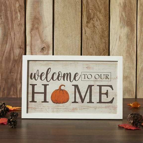 VHC Brands Welcome To Our Home Pumpkin Wall Sign 10x16, Holiday Wall and Door Decoration, Decor for Fall