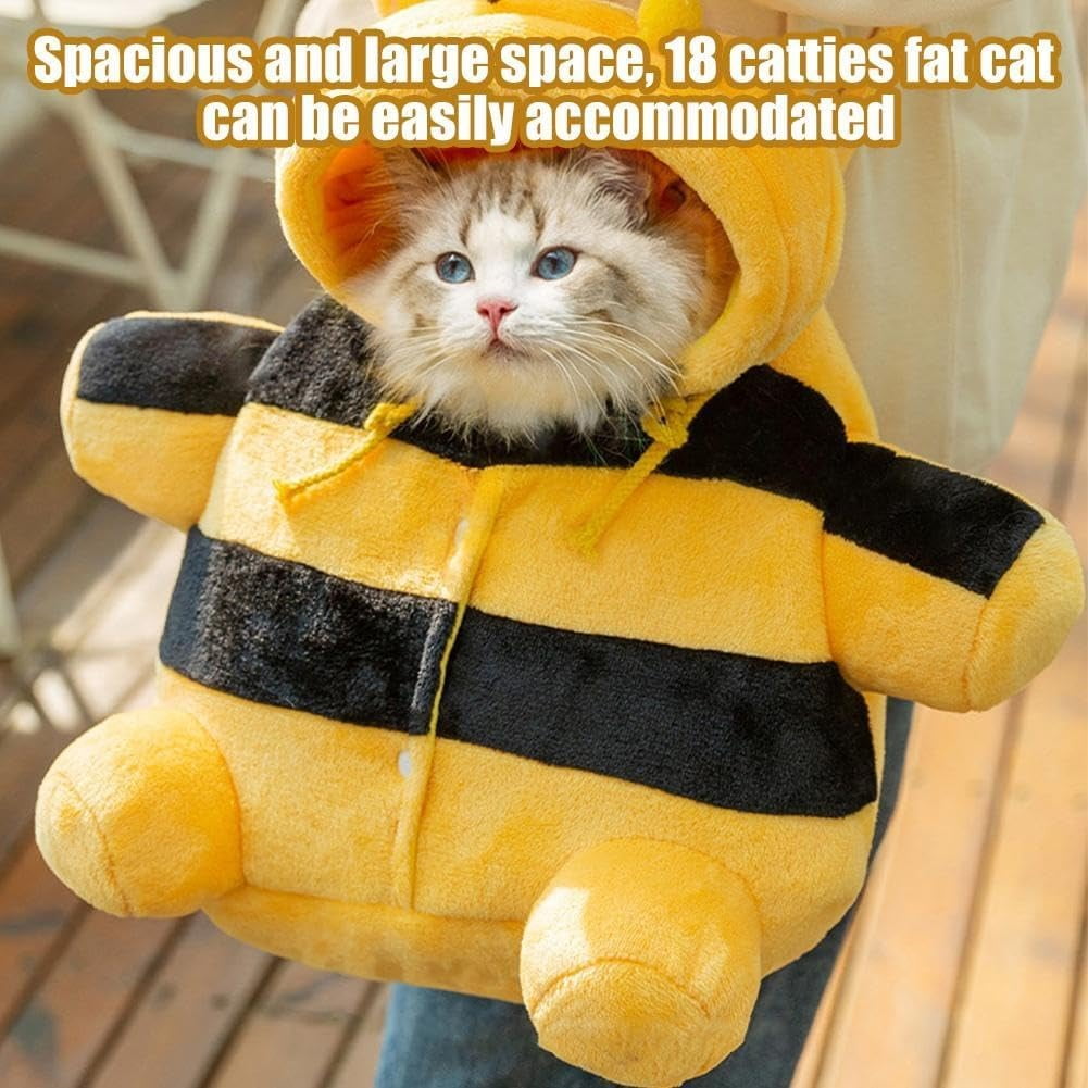 Cat Puppy Plush Outing Backpack, Soft Winter Warm Pet Carrier with Adjustable Crossbody Strap, Foldable Travel Backpack in Bee and Bear Style for Small Dogs and Cats