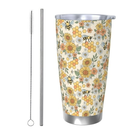 

Qekee Hippie Bee Honeycomb Print 20OZ Car Cup Stainless Steel Vacuum Insulated Tumbler Tumbler Cup With Lid And Straw Travel Coffee Mug-Straw Two-piece Set