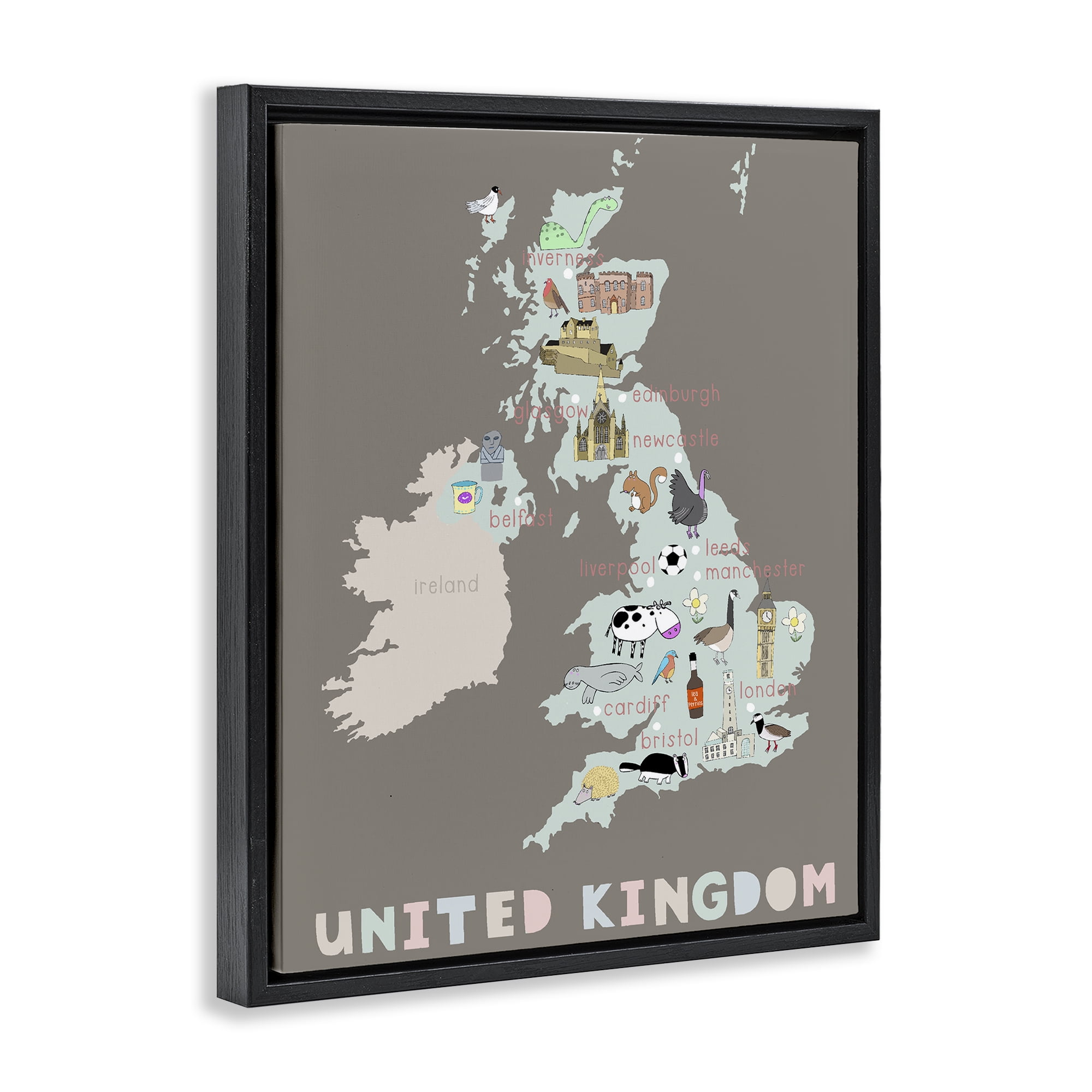 Kid's Map of United Kingdom Black Framed Floater Canvas Wall Art, design by Carla Daly