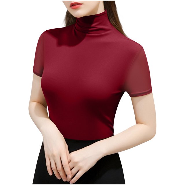 Zpanxa Layering Base Top, Women's High Neck Elastic Mesh Shirt with Inner Layer for Everyday Wear