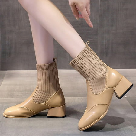 

ZMHEGW Women Boots Autumn And Winter Ankle Thick Heel Low Heel Square Toe Solid Color Sock Boots Shoes