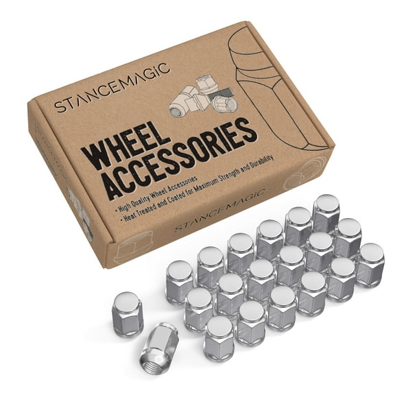 20pcs Silver Bulge Lug Nuts - Metric 12x1.5 Threads - Ball Radius Seat - Compatible with Honda Acura vehicles - Closed End - 1.4 inch Length - Installs with 19mm or 3/4 inch Hex Socket