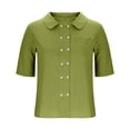 thumbnail image 5 of FUYUDY Women'S Linen Blouse Short Sleeve Loose Fit Solid Color Double Open Front Lapel Shirt Comfortable Breathable Female Top For Summer Beach And Daily Wear,Green,L, 5 of 5