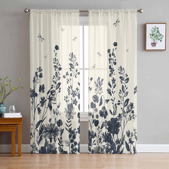 ERUNPONLY Navy Botanical Sheer Curtains 72 Inch Length 2 Panels Set, Blue Dragonfly Flower Leaf Retro Style Voile Window Treatment Curtains Sheers Drapes for Bedroom/Living Room/Kitchen 52"x72"x2