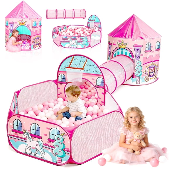 Caunedy Princess Tent for Girls with Kids Ball Pit and Crawl Tunnel for Toddlers, Pink Pop Up Playhouse Toys Indoor& Outdoor for Birthday Gifts