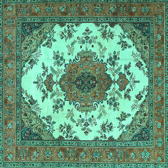 Ahgly Company Machine Washable Indoor Square Medallion Turquoise Blue Traditional Area Rugs, 3' Square