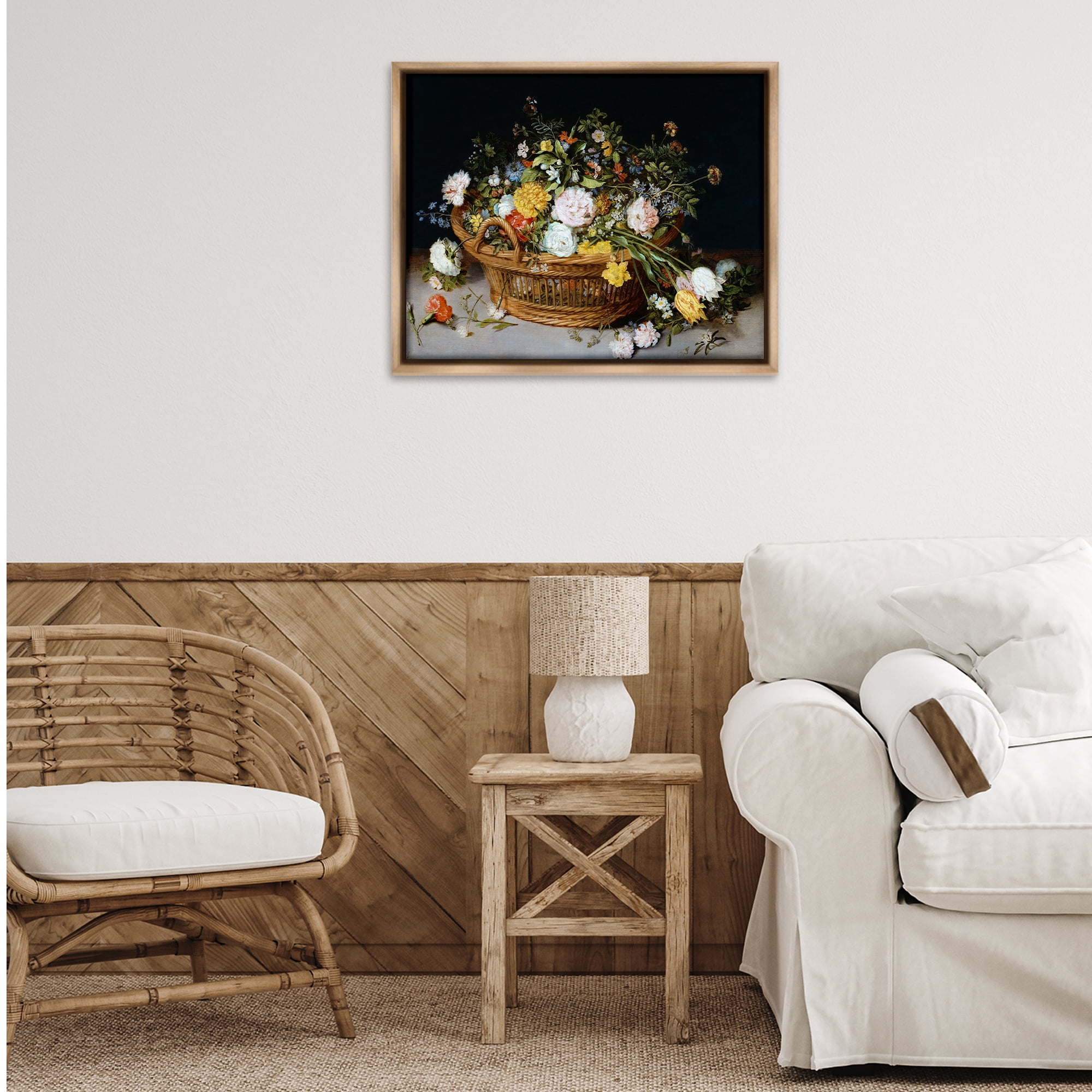 Stupell Industries Vintage Flower Basket Plants & Flowers Painting Brown Floater Framed Canvas Art Print Wall Art, 31 x 25