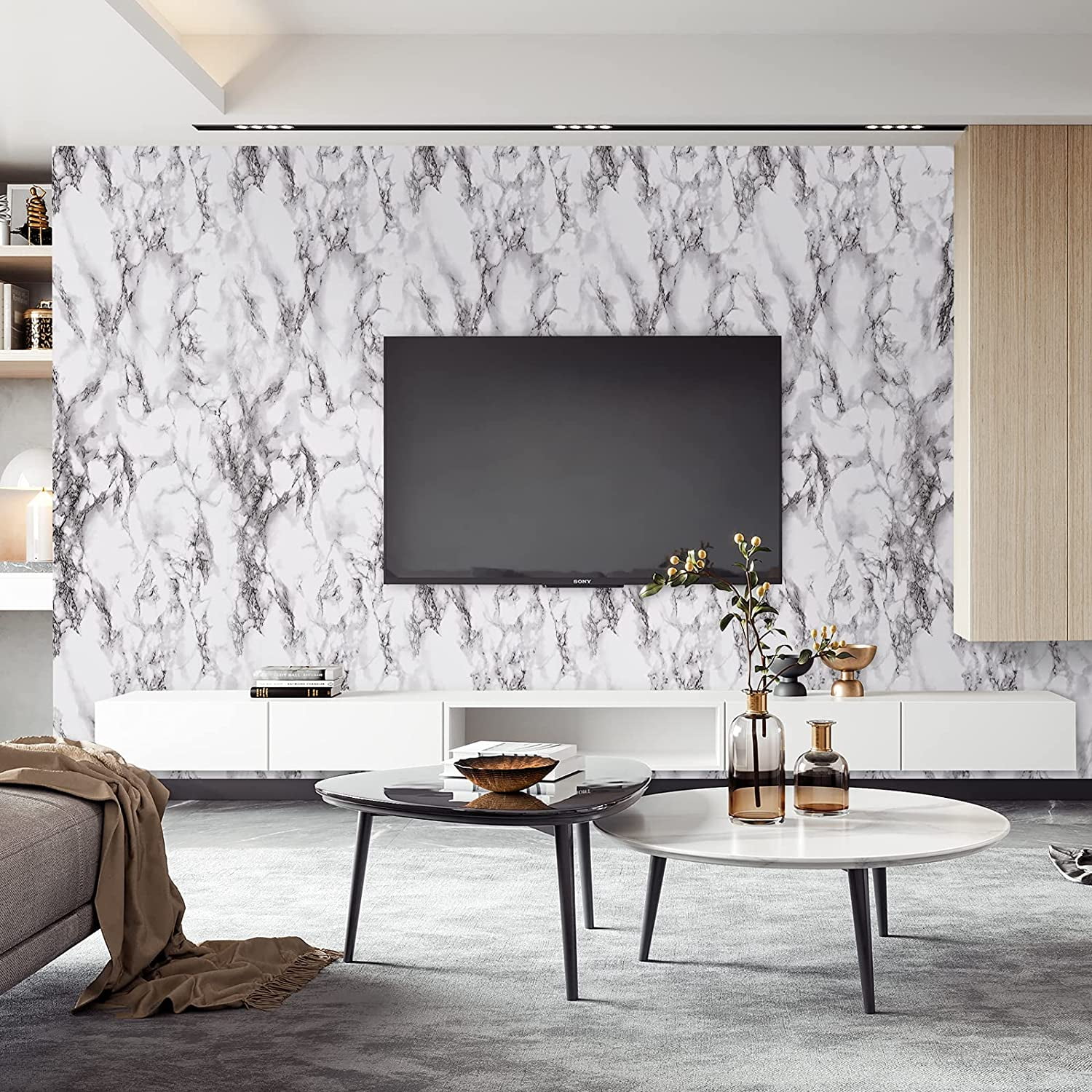 Caltero Marble Wallpaper Black White Granite Wallpaper Peel and Stick Self Adhesive Contact Paper,15.7" x 394"