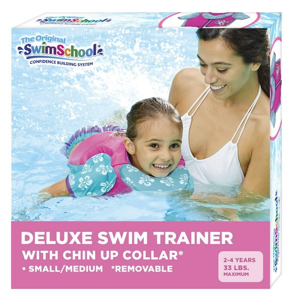 SwimSchool Swim Trainer - Small/Medium - Swim Vest with Shoulder Sleeves, Adjustable Safety Strap, and Removable Chin-Up Collar -Pink/Aqua