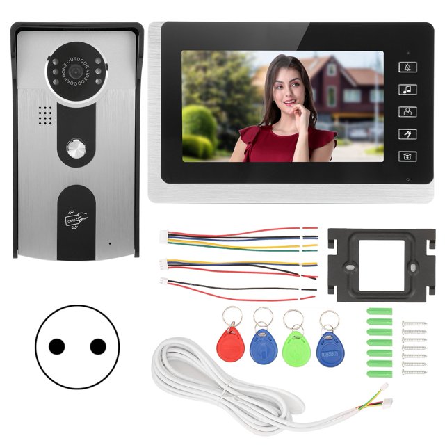 Timbre con vídeo LCD de 7 pulgadas, Radio bidireccional con cable, visión nocturna, pantalla TFT, tarjeta de identificación, enchufe a prueba de lluvia de 100-240VEU