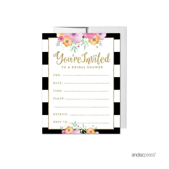 Koyal Wholesale Floral Gold Glitter Bridal Shower Paper Invitations, Blank Cards with Envelopes, 20-Pack