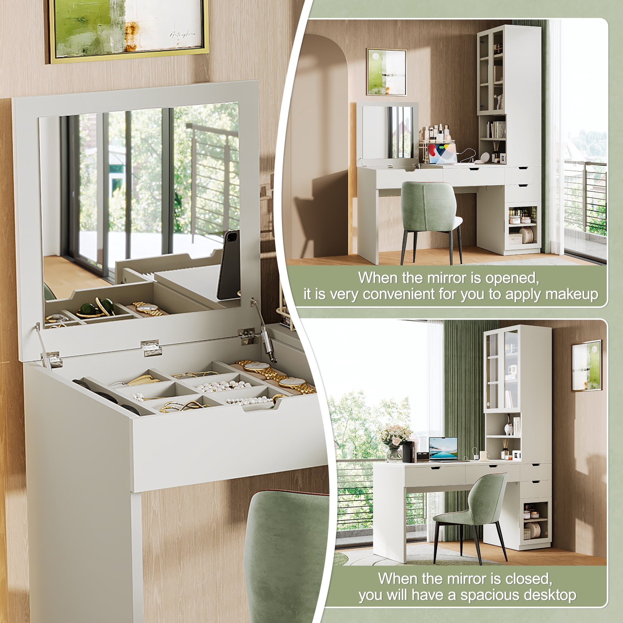 Euroco Multi-functional Vanity Desk with Mirror, Charging Station & Storage Cabinets — Ideal for Makeup, Office, and Study Use