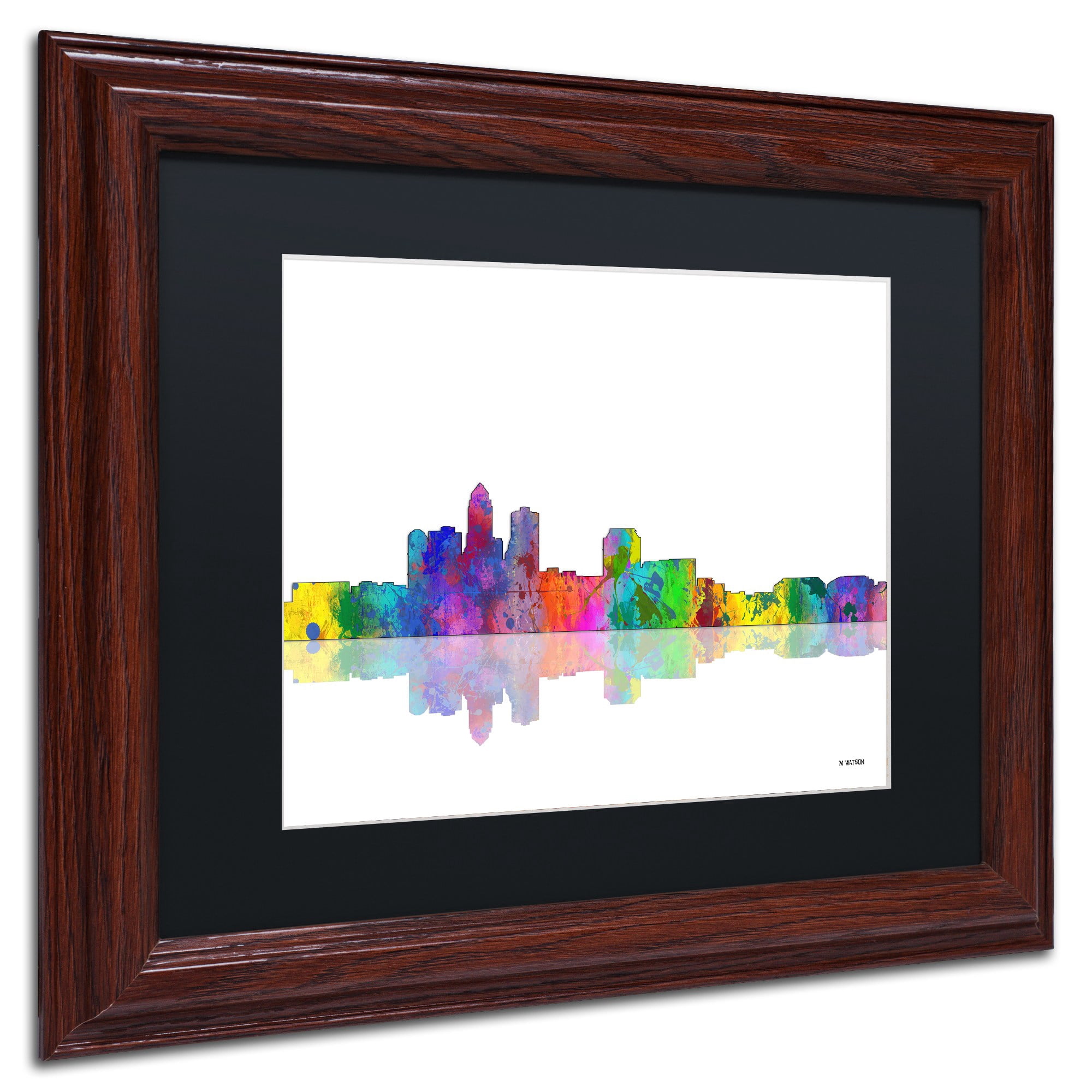 Trademark Fine Art "Des Moines Iowa Skyline" Canvas Art by Marlene Watson Black Mat, Wood Frame