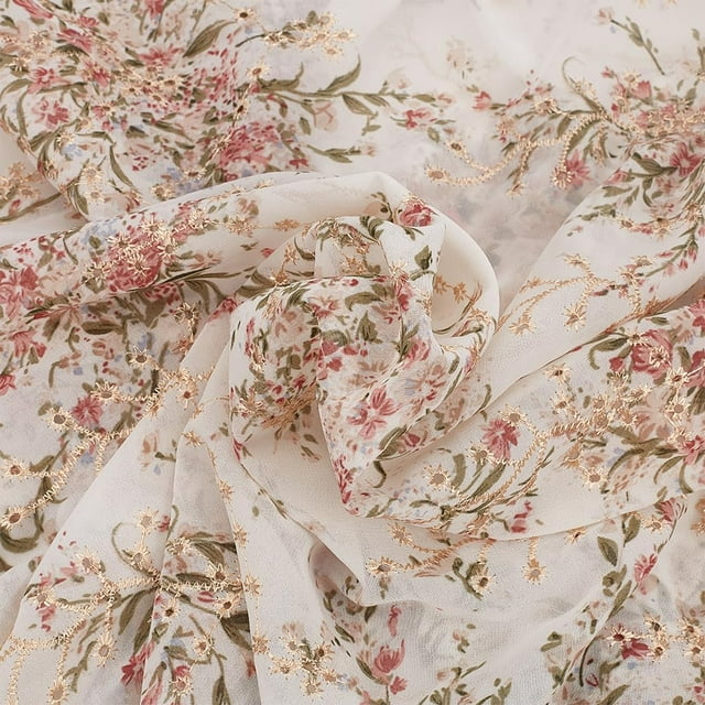 Tela de gasa con ojales bordados de 2 yardas/1,8 m, 60 pulgadas, color blanco arroz, con bordado de flores y ribete estampado floral