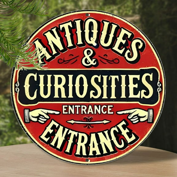 1pc Antiques & Curiosities Vintage Metal Sign, Round Aluminum Wall Art, Retro Decor for Bar, Café, Beach House, Backyard - 7.8 inch