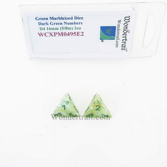Green Marbleized Dice with Dark Green Numbers D4 16mm (5/8in) Pack of 2 Wondertrail