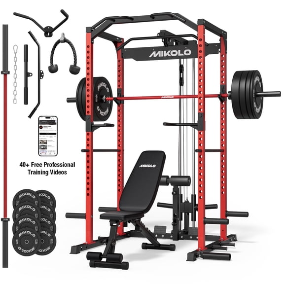 Mikolo Power Rack Cage with LAT Pulldown System,1200 lbs Capacity Power Rack with 800 lbs Capacity Weight Bench and 1500 lbs Capacity Barbell(Red Combo)