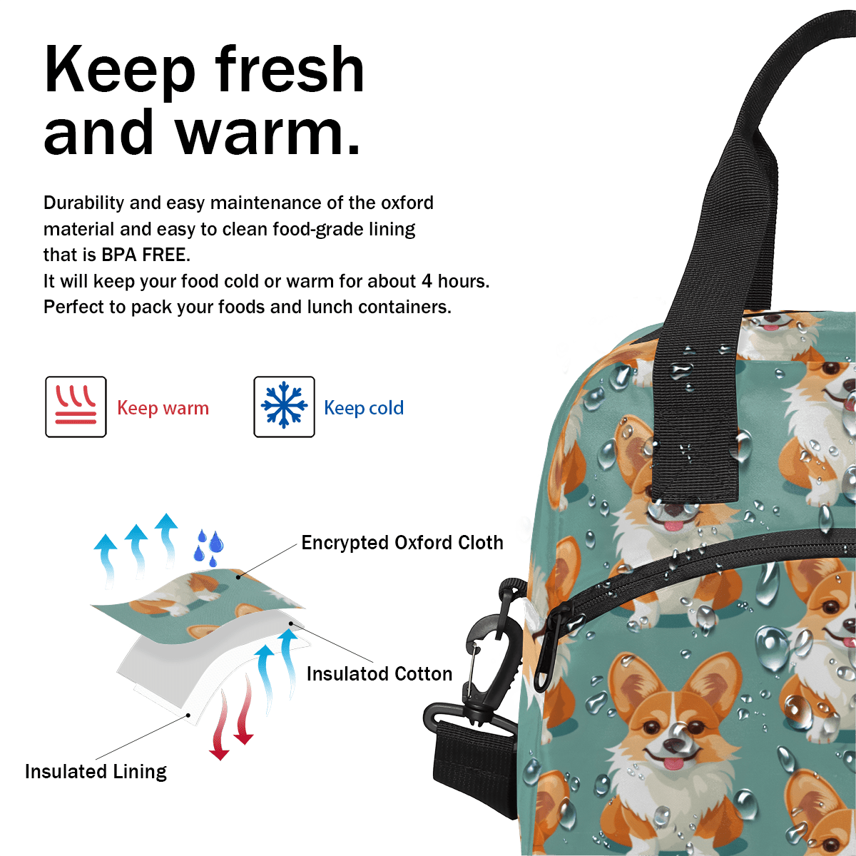 Herdesigns Dog Insulated Lunch Bag for Women Men Adults Large Reusable Lunch Box Puppy Dog Leakproof Cooler Tote Bags with Adjustable Shoulder Strap