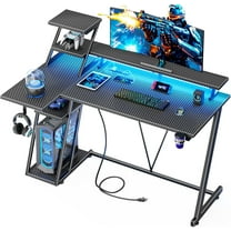 47 Inch Gaming Desk with LED Lights & Power Outlet, L Shaped Computer Desk with Storage Shelves, Gamer Workstations with Monitor Stand for Bedroom, Carbon Fiber Black