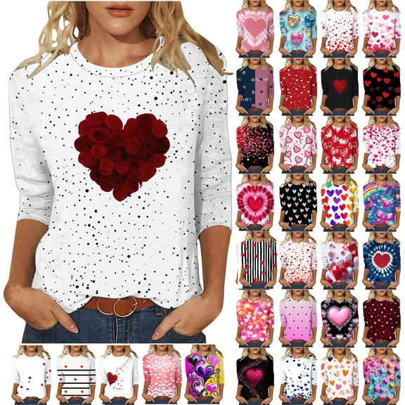 Horkkom Valentines Shirts for Women, Crewneck Heart Print Graphic Tees, 3/4 Length Sleeve Heart Top L, Gifts for Women