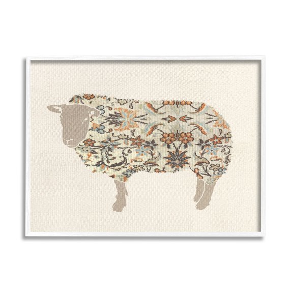Stupell Industries Traditional Floral Pattern Sheep Animals & Insects Painting White Framed Art Print Wall Art, 14 x 11