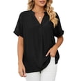 thumbnail image 1 of FJUCHAI Womens Shirts V Neck Short Sleeve Buttons Tops Tee Solid Color Blouse Loose Fit S-XXL, 1 of 10