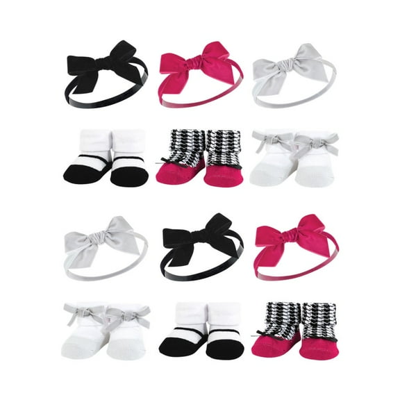 Hudson Baby Infant Girl Headband and Socks Giftset, Black/Pink, One Size, 12-Piece