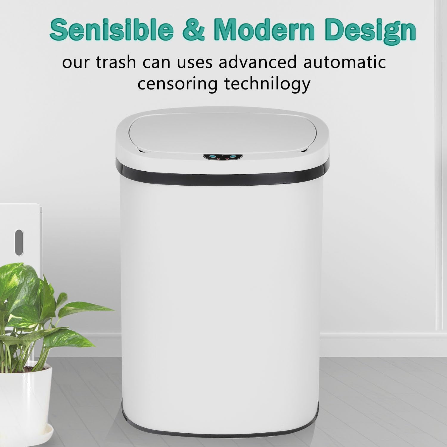 13-Gallon Kitchen Trash Can White Stainless Steel Garbage Can Automatic Touch Free Garbage Bin Motion Sensor Trash Can with Lid Metal Waste Bin for Living Room, Kitchen, Bathroom, Office