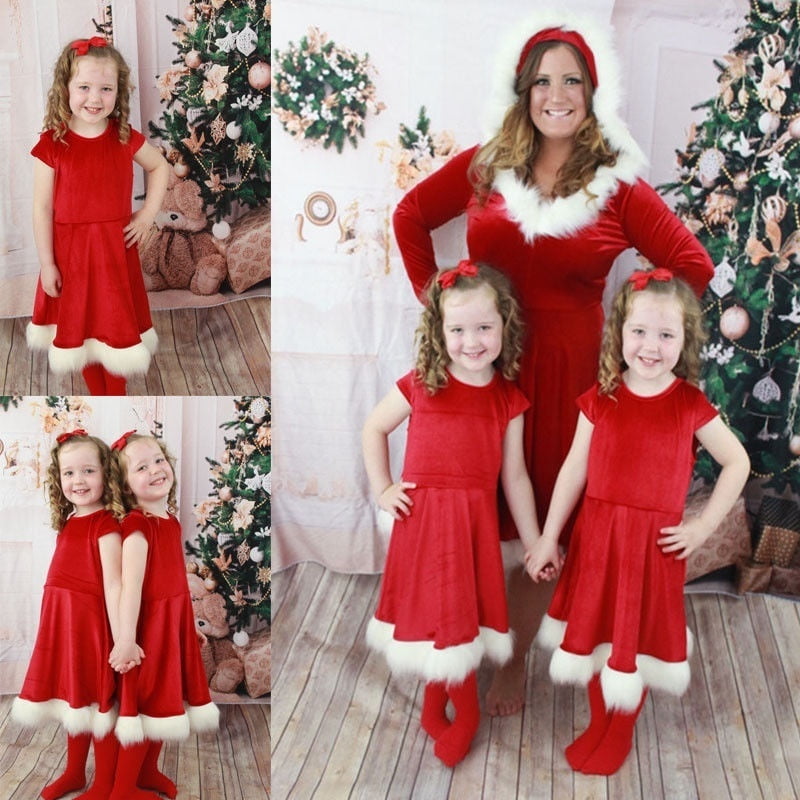 Mère de Noël Fille Robe Père Noël Manches Longues Maman Enfants