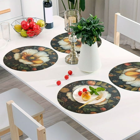 

Round Grid Placemat One Sizex1 Round Placemat PVC Plate Mat，15.4 Inch Non-Slip and Heat Resistant Table Placemat Dining Room Placemat A Flower