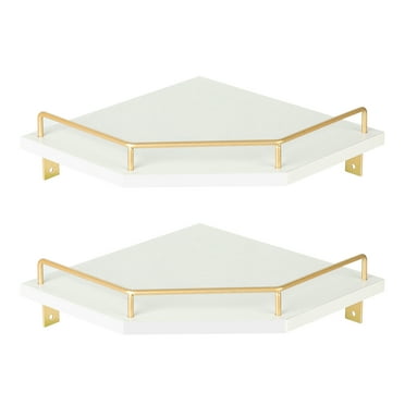 Jessac White Wall Mount Corner Shelf with Gold Metal Guardrail, 2-Tier 9.5-inch Diamond-Shaped Wood Corner Floating Shelves for Home Decor Kitchen Organizer
