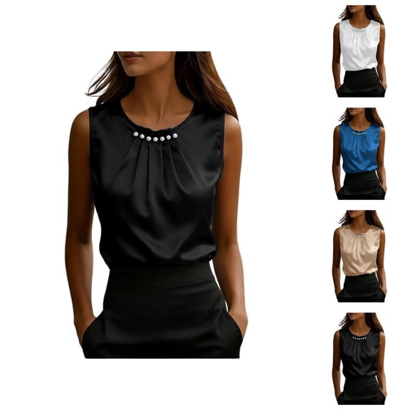 Satin Tank Tops for Women Lightweight Dressy Casual Crewneck Front Pleated Sleeveless Work Shirt Summer Outfits