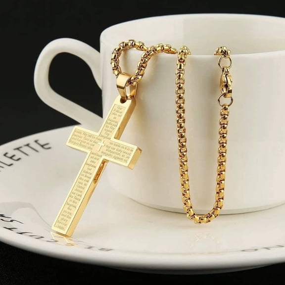 Men's Stainless Steel Bible Verse Cross Pendant Necklace, Black/Gold Tone Cuban/Box Chain, Religious Faith Jewelry for Men & Teens