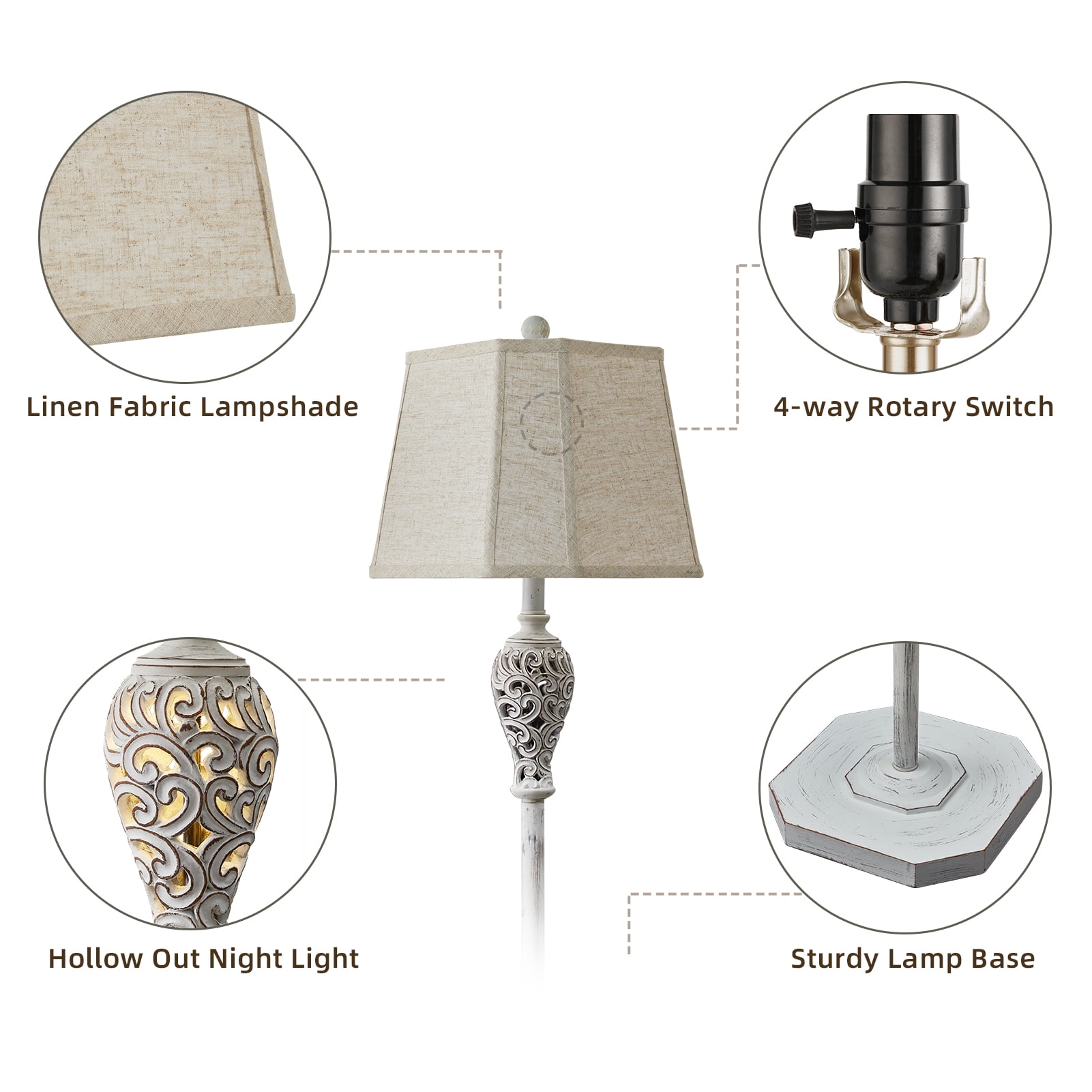 RORIA 65" Living Room Floor Lamp with Night Light, Openwork Resin Vintage Farmhouse Standing Lamp with Octagonal Linen Shade, Suitable for Bedrooms and Offices (Beige)